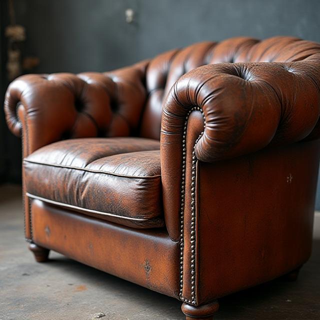 Divano Chesterfield con pelle secca, graffiata e scolorita.
